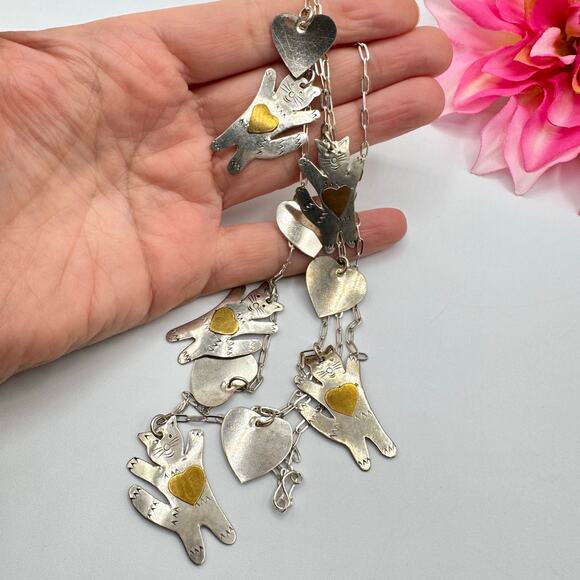 Vintage Silver Tone Cats Hearts Charm Necklace Brass Hearts Lightweight Artisan - Picture 4 of 15